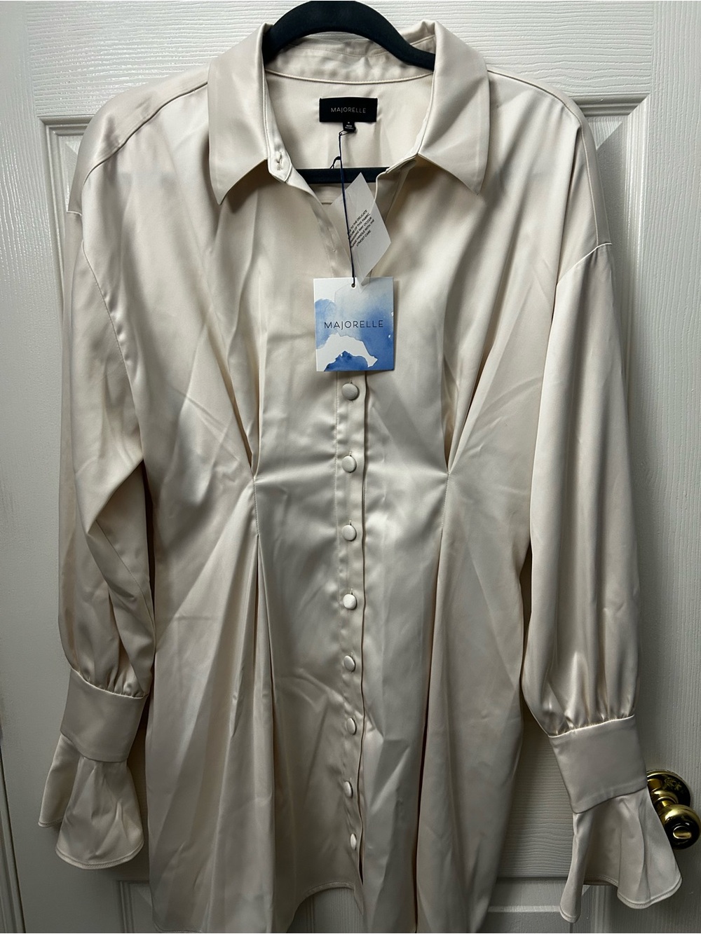 Majorelle , Maritza Shirt Dress in Ivory Satin Button-Front Dress